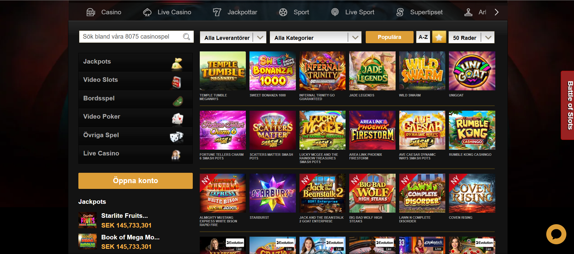 Videoslots startsida för casinospel.