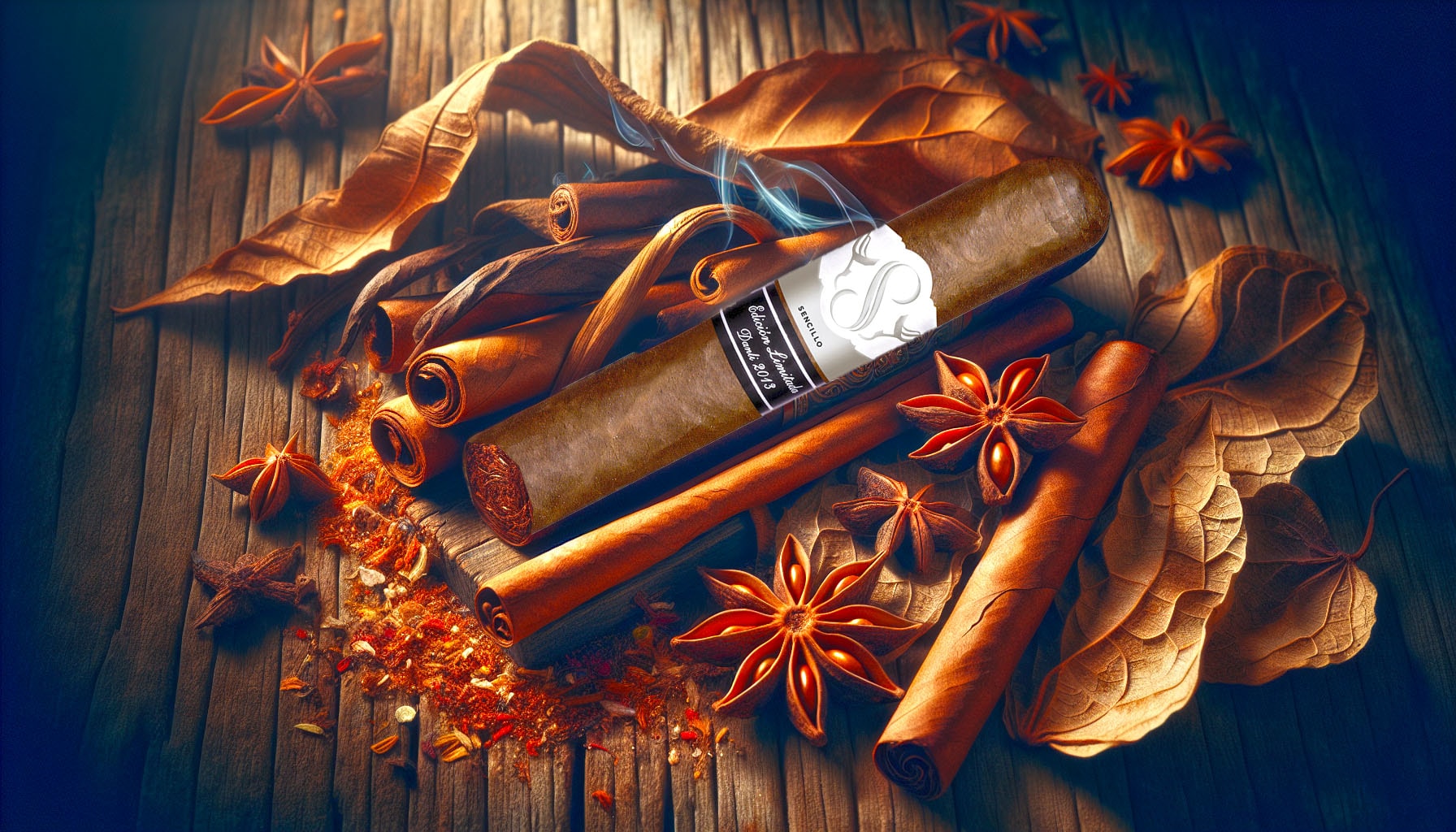 A vibrant illustration of a Sencillo Platinum Robusto cigar with flavor notes.