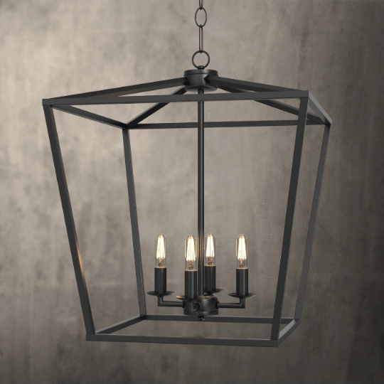 An industrial chandelier design featuring a black metal geometric frame with exposed bulb lights, offering a minimalist yet bold look ideal for modern or loft-style interiors.