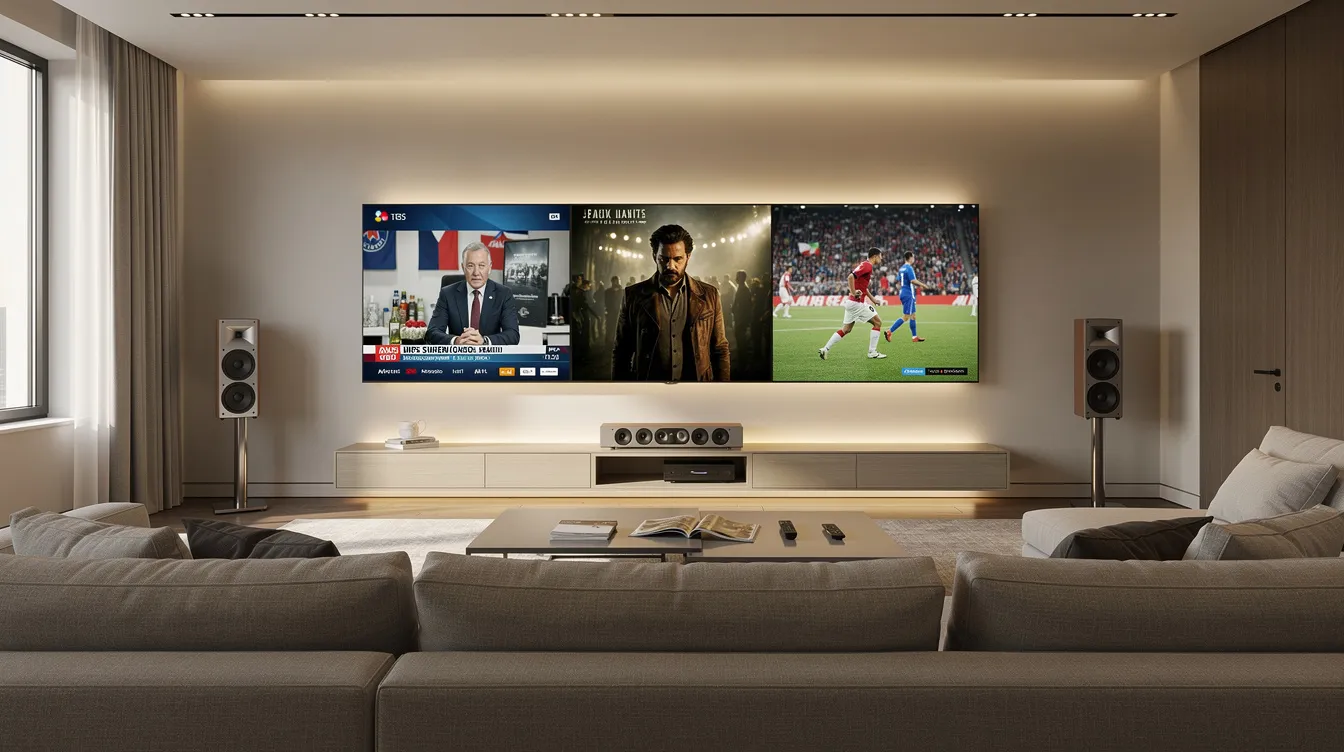 The image depicts a modern living room featuring a large 4K smart TV that showcases live television, movies, and sports, emphasizing a premium home entertainment setup. The realistic photography captures a wide horizontal view, highlighting the inviting atmosphere perfect for enjoying IPTV services and streaming experiences with family.