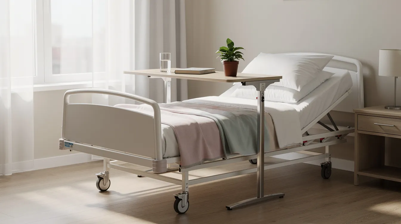A modern overbed table is positioned over a hospital-style bed in a bright bedroom, featuring a height adjustable table top that provides practical support for patients to use for eating, reading, or using a laptop. The table is designed with wheels for easy positioning and is made from comfortable materials, making it a versatile piece of furniture for both home and hospital settings.