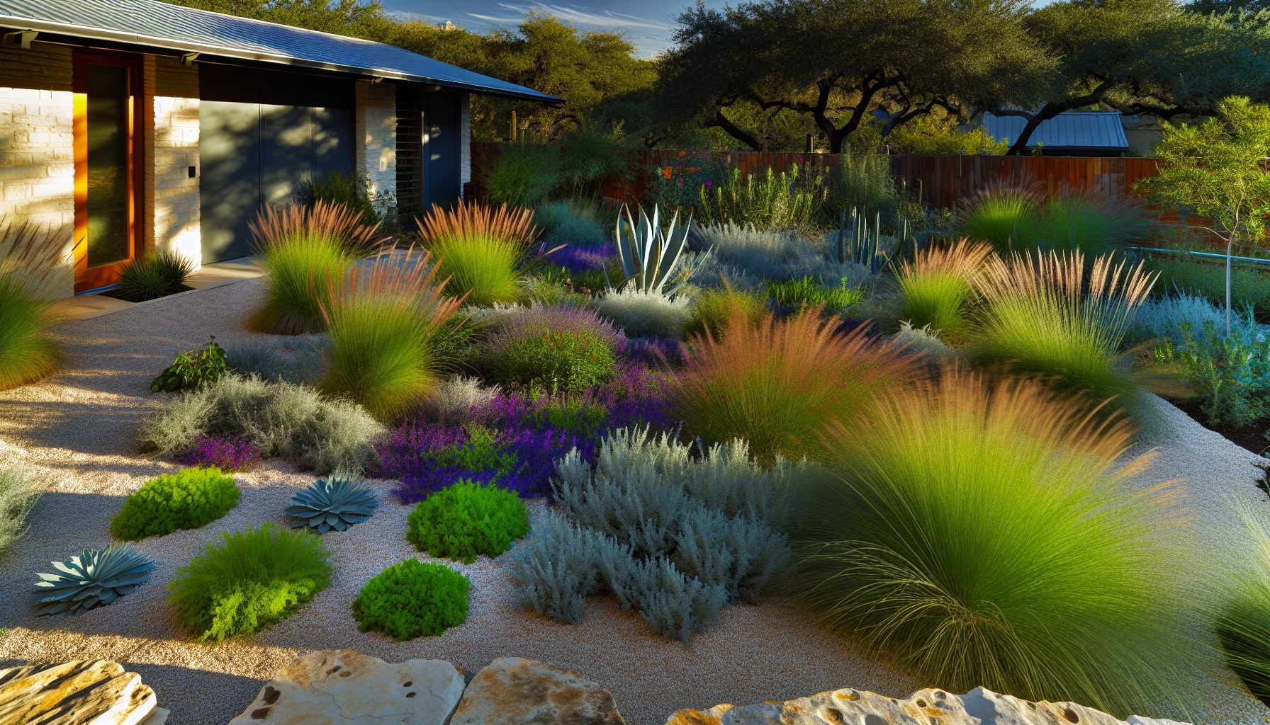 A xeriscape garden in Austin, Texas with native plants and ornamental grasses
