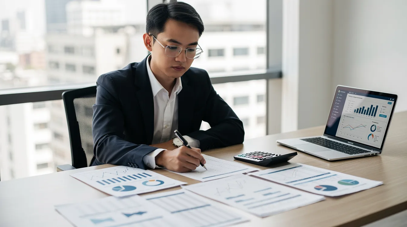 A professional is seated at a desk, carefully reviewing financial documents, which may relate to their role in the 公務員 職位 within the 香港 特別 行政區. The setting suggests a focus on service and responsibilities relevant to new entrants in the field as of 2026.