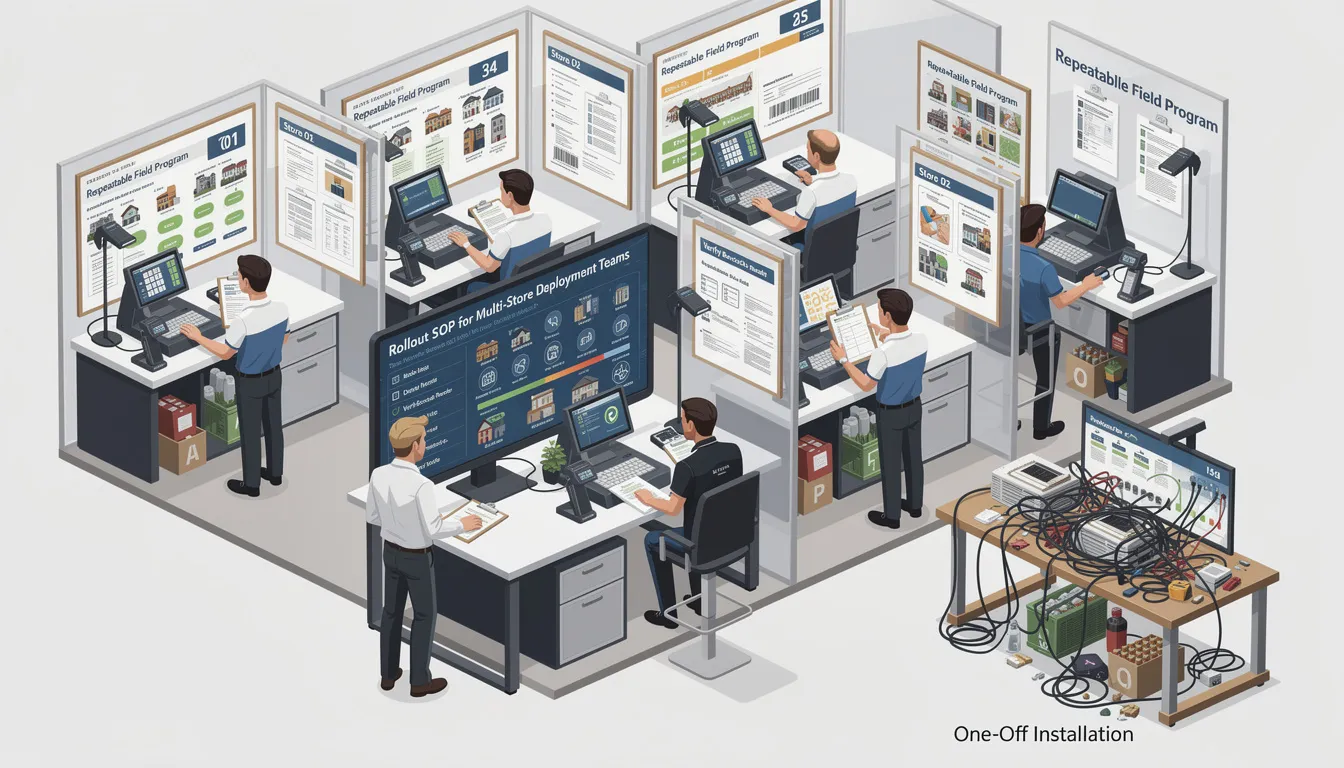 The image depicts a cash register with a barcode scanner and a receipt printer, showcasing a point of sale (POS) system designed for managing transactions in small businesses. This setup emphasizes efficiency in payment processing and inventory management, ensuring customer satisfaction during checkout.