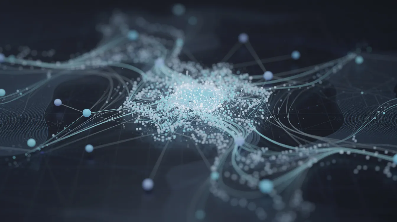 The image depicts an abstract network graph featuring interconnected nodes and lines, symbolizing data connections crucial for transaction monitoring. This visual representation highlights the importance of compliance teams in financial institutions as they utilize advanced analytics and machine learning to combat financial crime and ensure regulatory compliance.