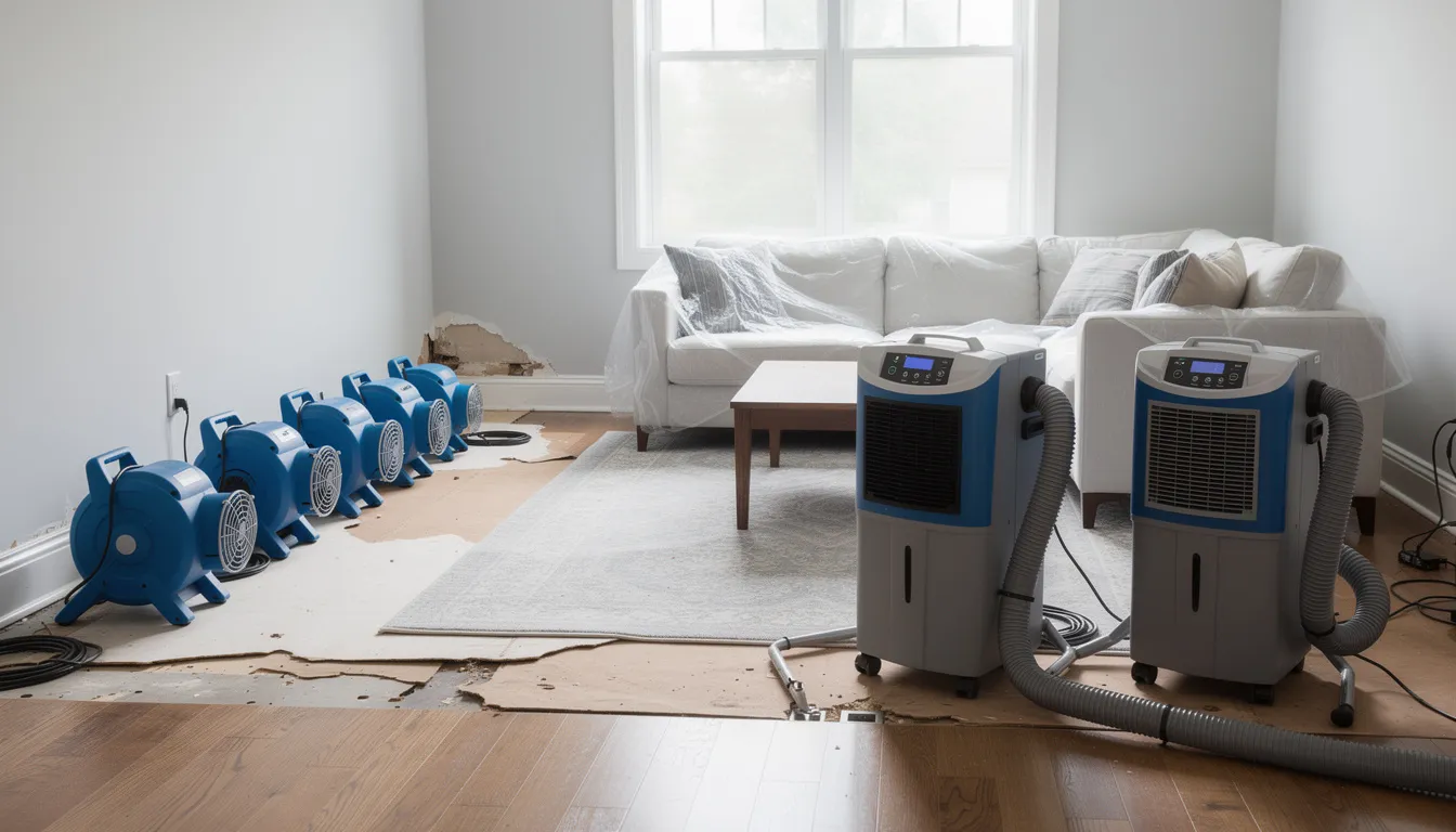 The image shows industrial dehumidifiers and air movers strategically placed in a living room to facilitate the water damage restoration process. This setup is essential for effective structural drying, helping to prevent mold growth and restore the property to its pre-loss condition after water intrusion.