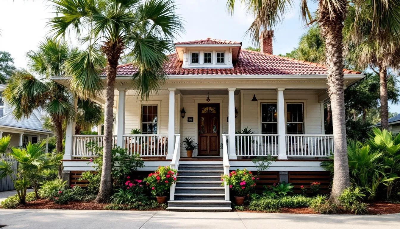 The image depicts a classic Old Florida style home featuring elevated construction, expansive wraparound porches, and lush tropical landscaping, characteristic of the Sanibel Bayous community. This charming residence reflects the essence of Sanibel Island living with its inviting outdoor spaces and vibrant greenery.