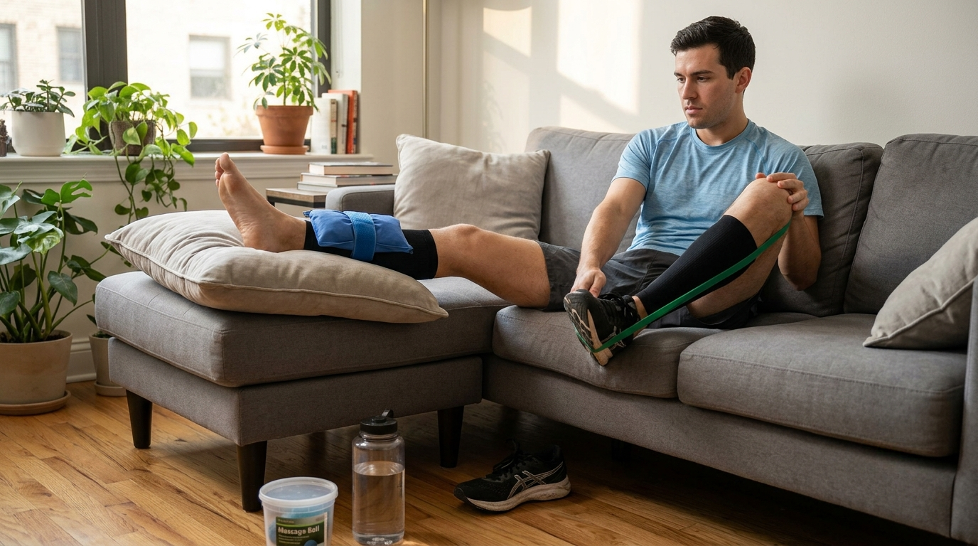 Man icing his lower leg and using a resistance band to stretch his ankle during at-home injury recovery
