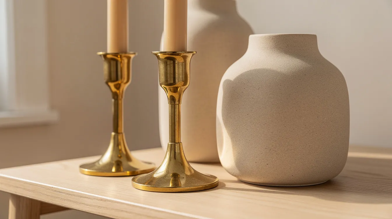 En närbild visar eleganta mässingsljusstakar i kombination med sandfärgade keramiska vaser, vilket skapar en stilren dekoration för hemmet. Denna inredningsdetalj ger inspiration till att skapa en personlig atmosfär i olika rum.