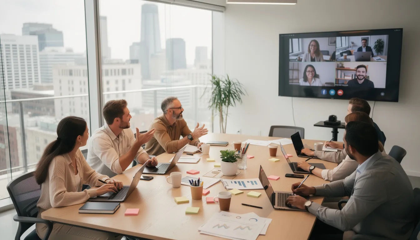 A diverse team is gathered in a modern office for a collaborative meeting, with some participants joining via video screen. This scene highlights the importance of work life integration and employee engagement, as they work together to achieve a healthy work life balance.