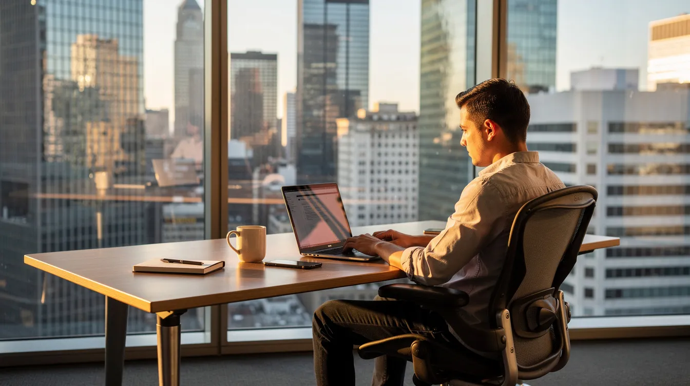 A person is sitting at a desk, focused on their laptop while a vibrant city skyline is visible through the window behind them. This scene captures the essence of modern work life, possibly involving tasks like sending money or managing international money transfers through a bank, such as Jammu and Kashmir Bank.