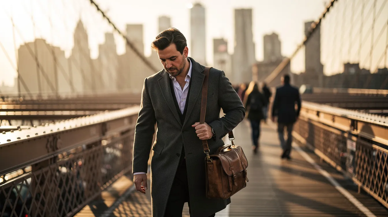 A man in his late 30s walks alone across the Brooklyn Bridge during golden hour, wearing a tailored overcoat and carrying a leather work bag, lost in quiet reflection with the Manhattan skyline softly blurred behind him. The candid photograph captures the essence of emotional awareness in a public space, evoking a sense of personal growth and the unique challenges many men face in their mental health journey.