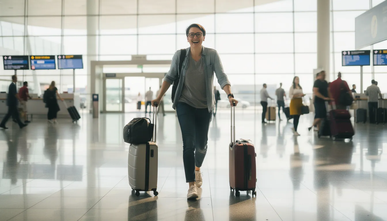 Une personne souriante arrive à l'aéroport avec des valises, prête à commencer une nouvelle aventure au Canada. Cette scène évoque l'entrée express pour les travailleurs qualifiés et les immigrants cherchant à établir leur résidence permanente.