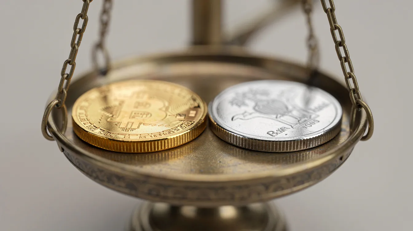 Auf einer kleinen Waage liegen eine Goldmünze und eine Silbermünze nebeneinander, die den Vergleich zwischen den beiden Edelmetallen symbolisieren. Diese Anlagemünzen verdeutlichen die Möglichkeiten, in Silber zu investieren und dessen Rolle als wertvolle Geldanlage.