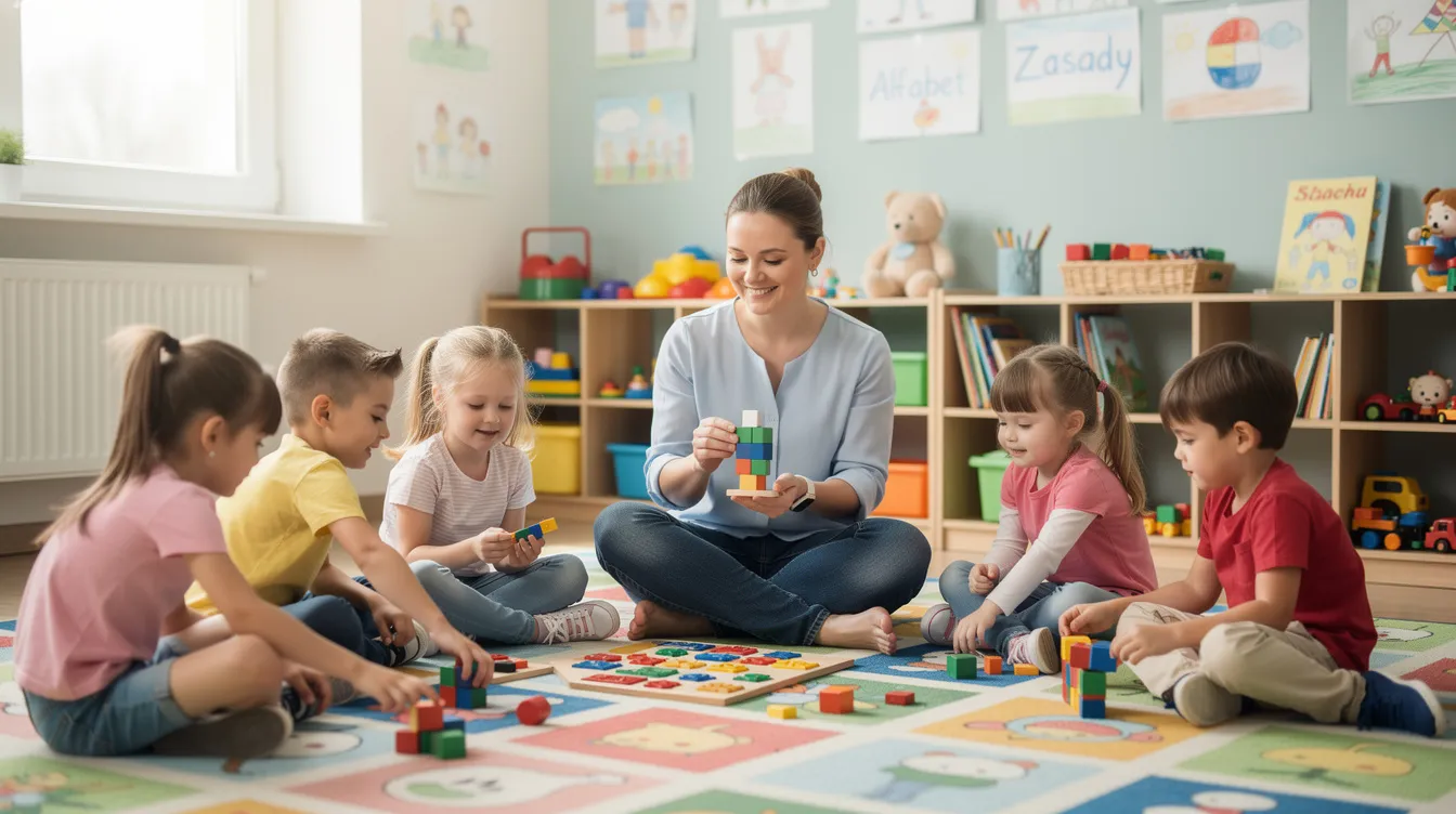 Na kolorowym dywanie w przedszkolu nauczycielka siedzi z grupą dzieci, które bawią się i uczą poprzez zabawę. W tym wczesnym etapie życia dzieci rozwijają swoje mocne i słabe strony, a także umiejętności społeczne i emocjonalne.