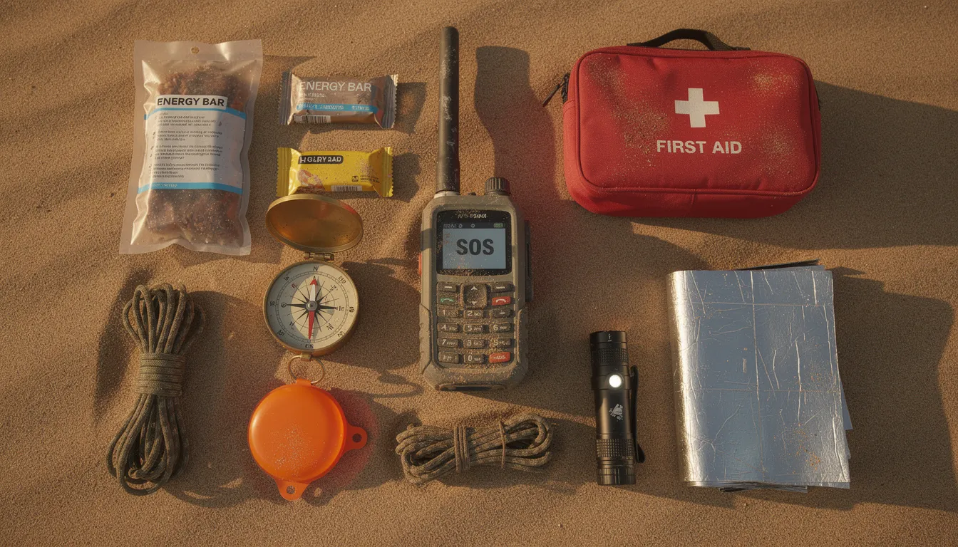 The image showcases essential desert safety equipment for a Sahara expedition, including a satellite phone, compass, first aid kit, and emergency supplies, all neatly arranged on a sandy surface. This equipment is vital for ensuring safety and preparedness while exploring the vast expanse of the desert.