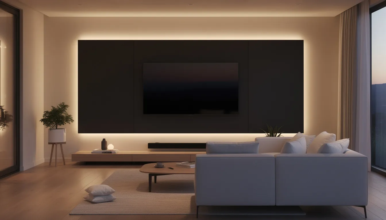 Een sfeervolle woonkamer in avondlicht, verlicht door subtiele led-verlichting achter een donker tv-wandpaneel. Het wandpaneel tv meubel voegt een moderne uitstraling toe aan de ruimte, terwijl de akoestische panelen zorgen voor een harmonieuze sfeer.
