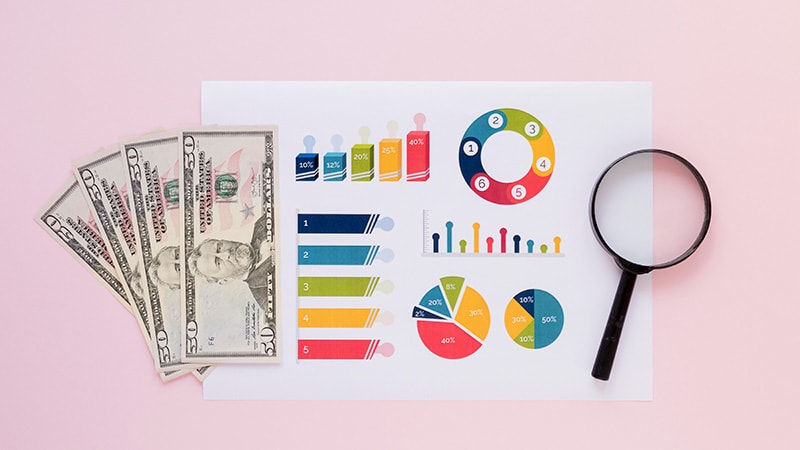 Dollar bills with branding charts