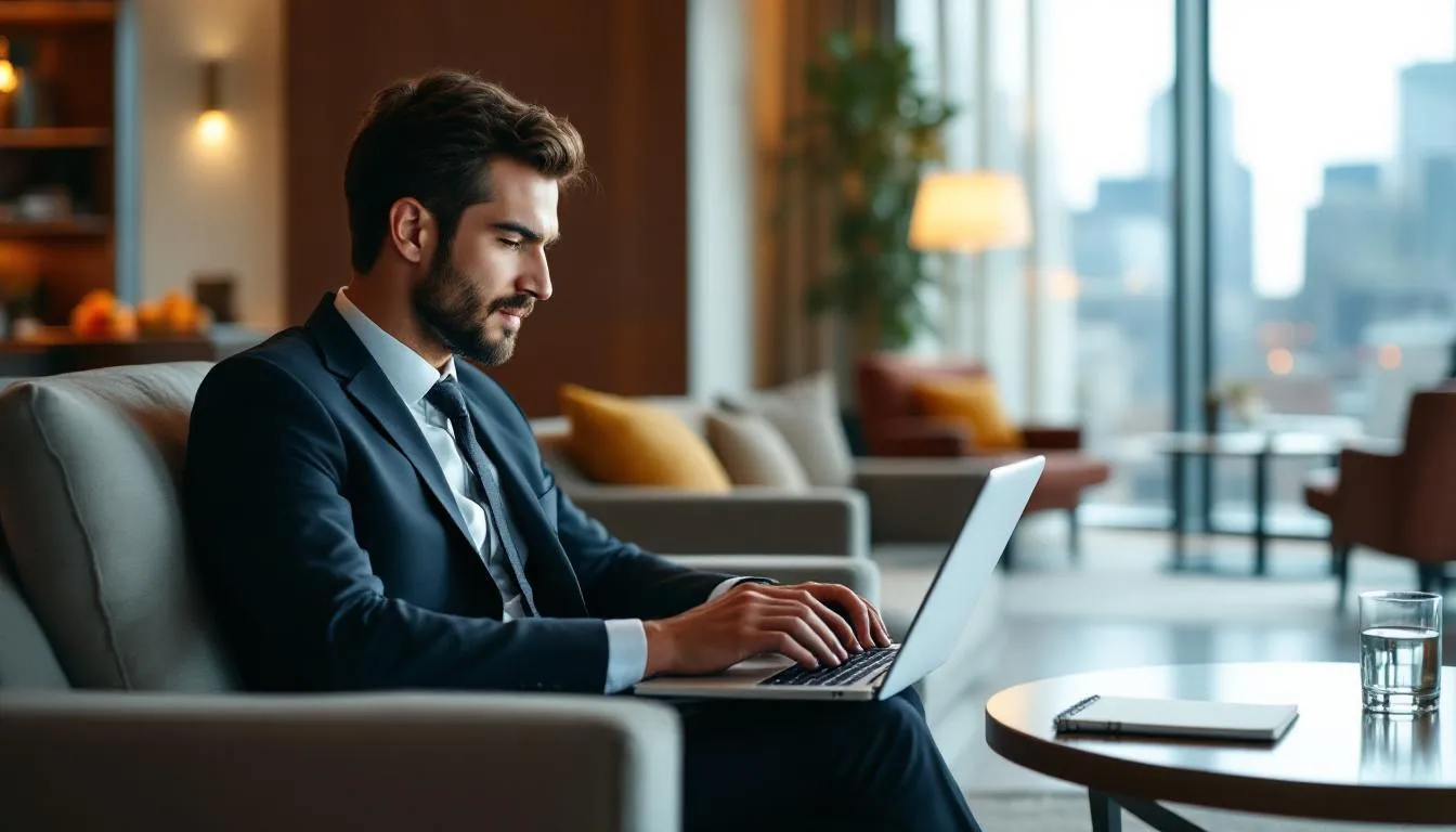 A business traveler is seated in a cozy hotel lounge area, focused on their laptop while surrounded by modern decor, reflecting the evolving preferences of guests in the global hospitality industry. The scene captures a blend of comfort and productivity, highlighting the importance of personalized guest experiences and seamless digital interactions in today's hospitality sector.