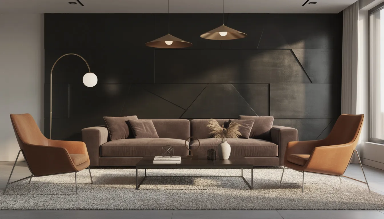 Een stijlvolle woonkamer met een metaal paneel dat een industriële look toevoegt, verlicht door designverlichting en ingericht met luxe meubels. De ruimte straalt een moderne sfeer uit met een perfecte afwerking van de wandpanelen van metaal.