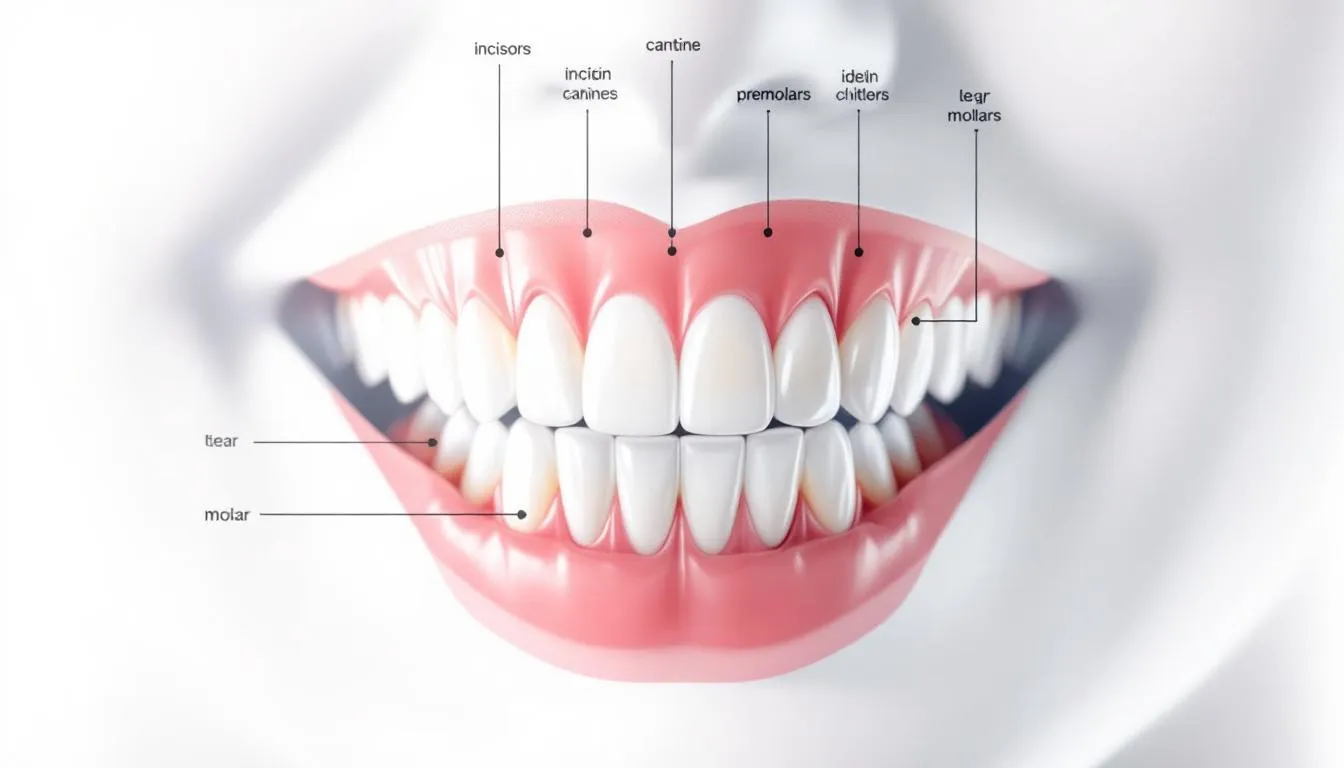 La imagen muestra una sonrisa saludable con diferentes tipos de dientes, incluyendo incisivos, caninos, premolares y molares, cada uno con su función específica en la masticación y el habla. Se presentan en un esquema que ilustra su ubicación en la arcada superior e inferior, facilitando la comprensión de la nomenclatura dental para pacientes y dentistas.