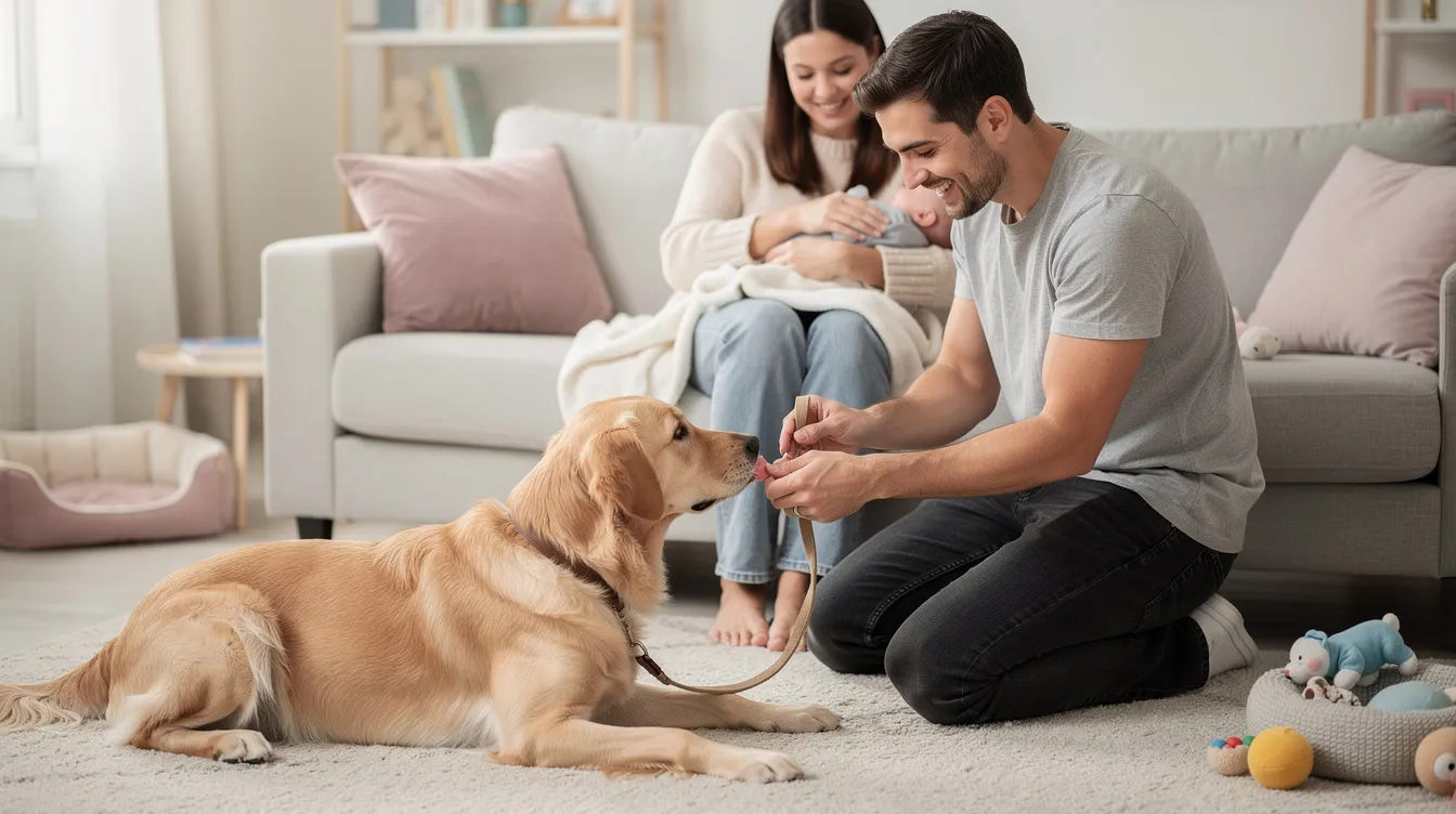 The image depicts a calm dog gently sniffing a newborn baby in a cozy baby's room, surrounded by soft toys and baby clothes, symbolizing the introduction of a new family member. The dog's tail is wagging, indicating a positive association with the baby's presence, while the warm atmosphere suggests a safe and loving environment for both the dog and the baby.