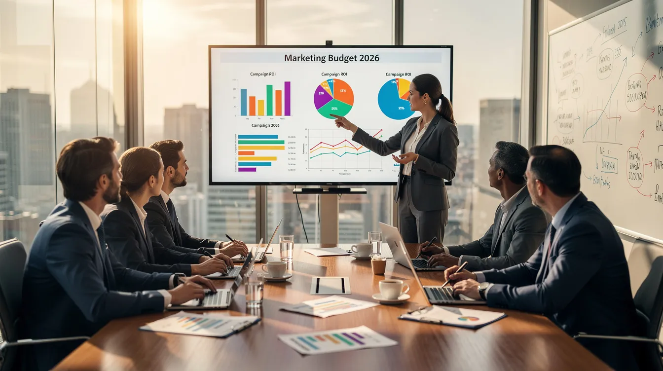 The image depicts a group of professionals gathered around a conference table during a marketing budget meeting, discussing strategies for influencer marketing campaigns. They are focused on utilizing micro and nano influencers to enhance brand visibility and engage with their target audience effectively.