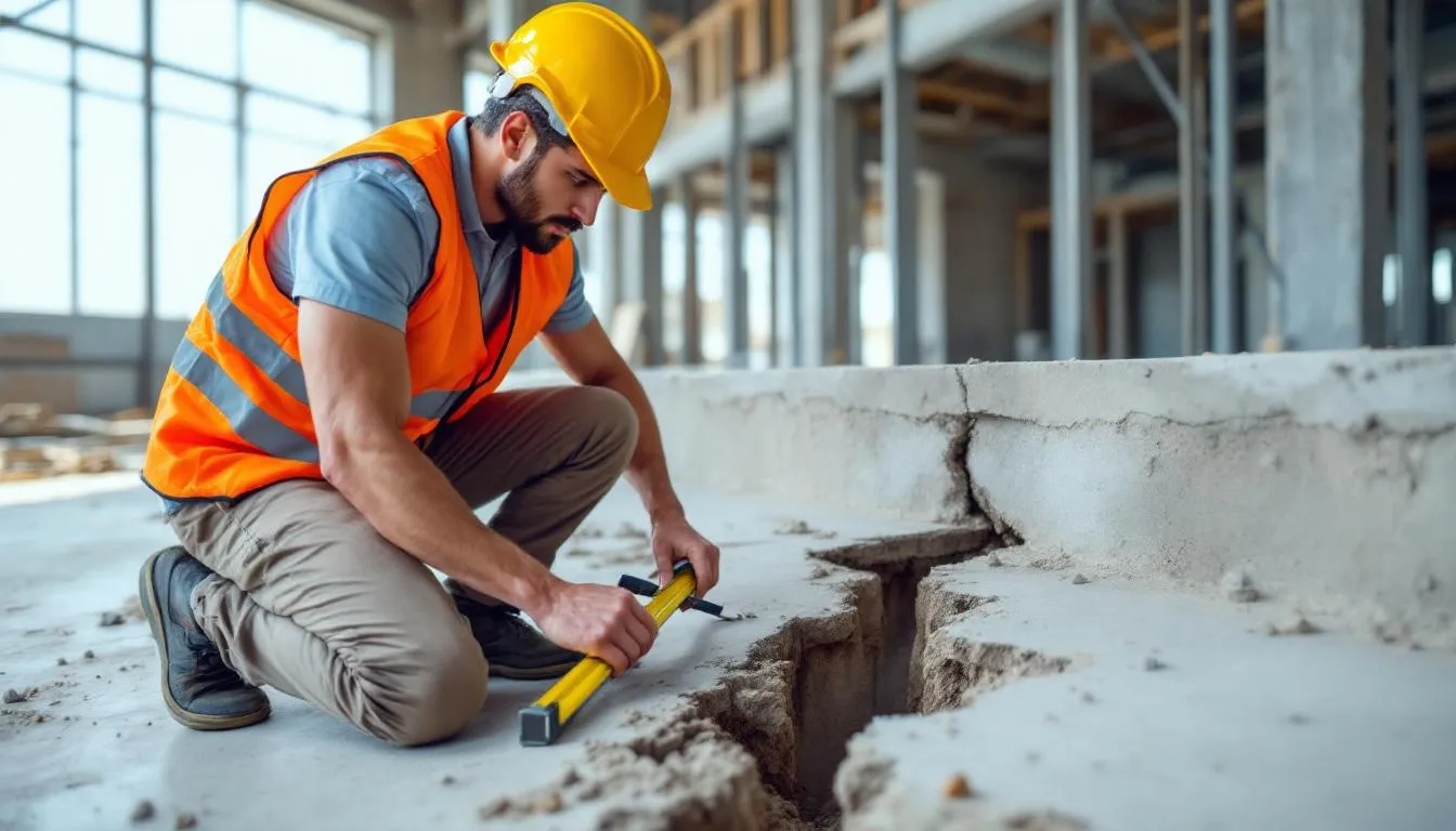 Un constructeur travaille sur une fissure de fondation dans un sous-sol, utilisant des produits de réparation de fissures en béton. Il applique une solution d'injection de polyuréthane pour colmater les fissures et prévenir les infiltrations d'eau.