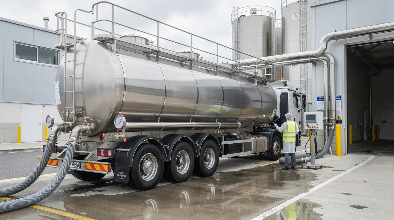 541de5d0 e6f4 4da9 93d4 b4e25409c464 The image shows a stainless steel milk tanker being unloaded at a dairy processing plant reception dock, where high quality raw milk is prepared for further processing into various milk and dairy products. This scene emphasizes the importance of quality control and food safety in the dairy industry, ensuring that the raw milk meets stringent standards for safety and quality before it is transformed into pasteurized milk and other dairy products.