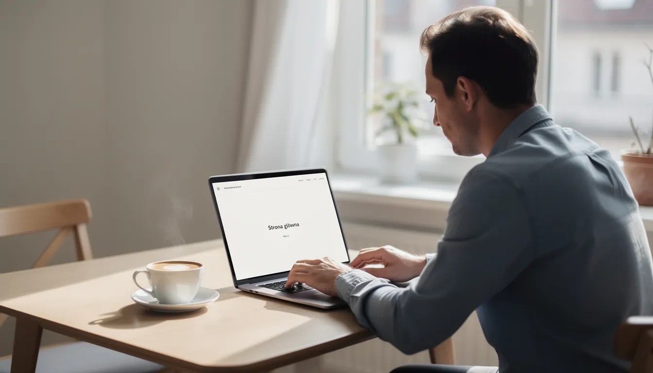 Na zdjęciu widać osobę siedzącą przy biurku, przeglądającą laptopa, z filiżanką kawy obok. Jasne pomieszczenie wprowadza przyjemną atmosferę, idealną do pracy lub relaksu w klimatycznych dzielnicach Warszawy, takich jak Żoliborz.