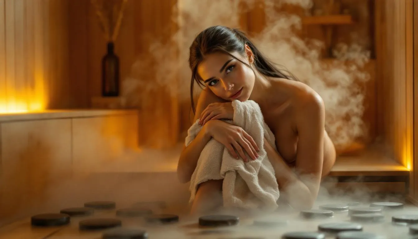 The image depicts a serene sauna environment featuring a beautiful lady relaxing on a sauna bench, embodying the essence of Finnish sauna culture. The atmosphere suggests a focus on skin health and wellness, highlighting the benefits of regular sauna sessions for achieving a glowing complexion and improved circulation.