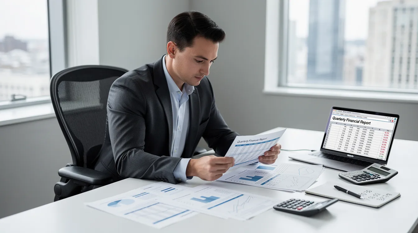 An office worker is seated at a desk, intently reviewing financial documents, including a credit report and loan application forms. The workspace is organized, with a computer and various stationery items nearby, reflecting a focus on financial assessments related to loans and interest rates.