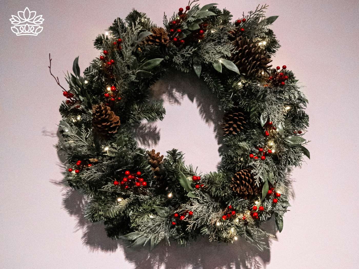 A beautifully assembled wreath form adorned with sprigs of green, floral wire, pine cones, and a ribbon, offering creative ideas for seasonal wreath-making, part of the Christmas Wreaths and Flowers Collection at Fabulous Flowers and Gifts.