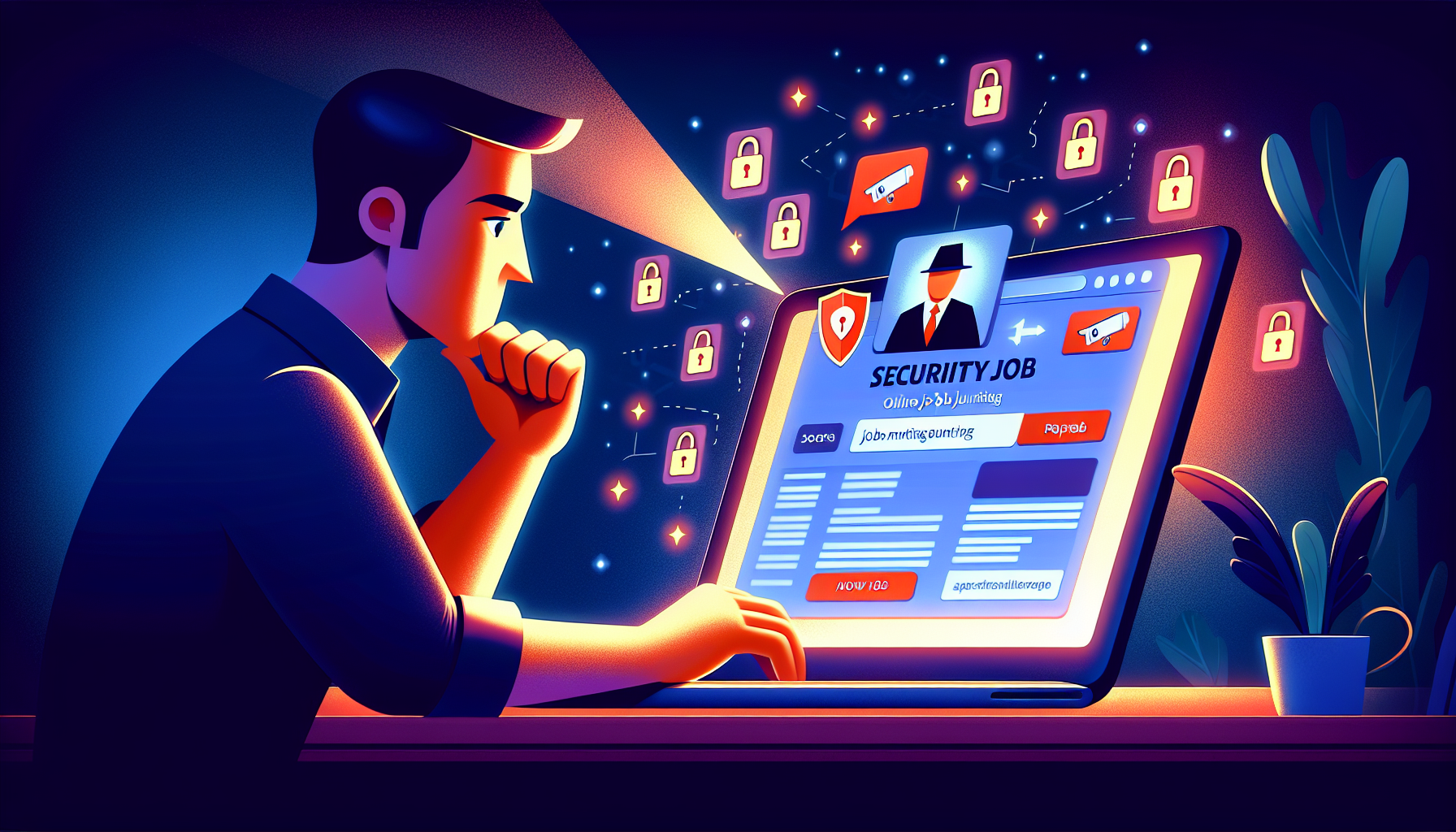 Cartoon illustration of a person browsing security job listings on a laptop