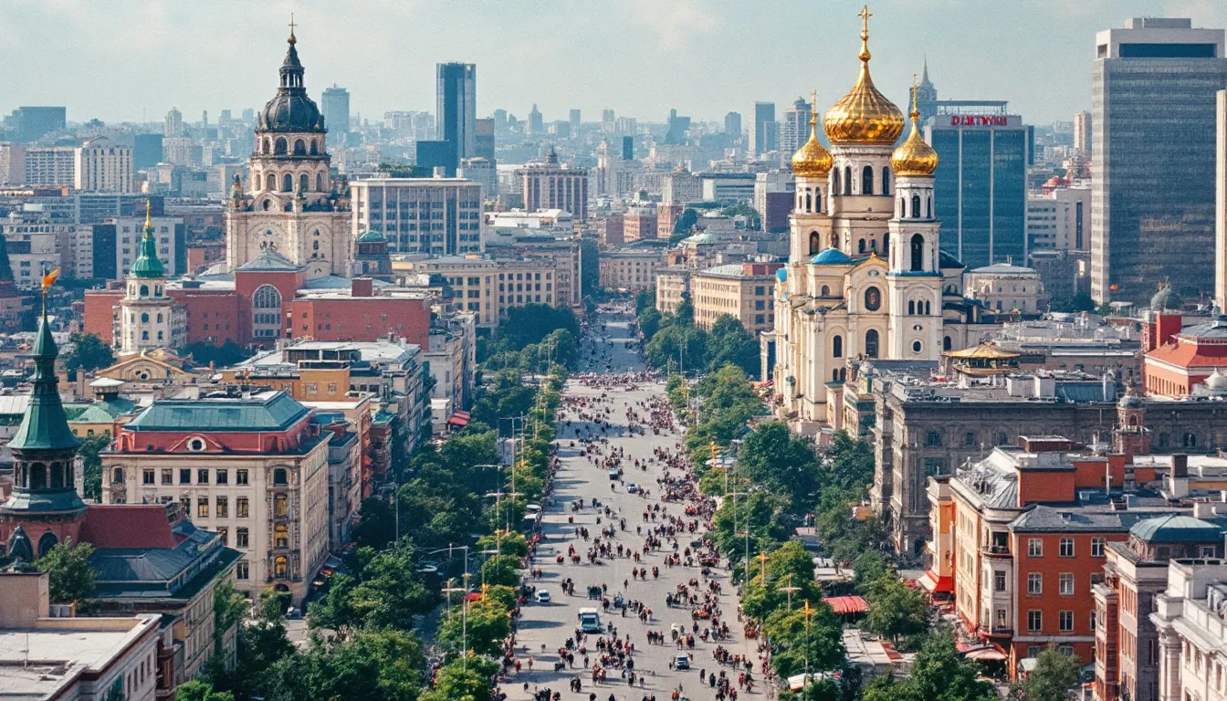 A vibrant cityscape of Kyiv, one of Ukraine's major cities.