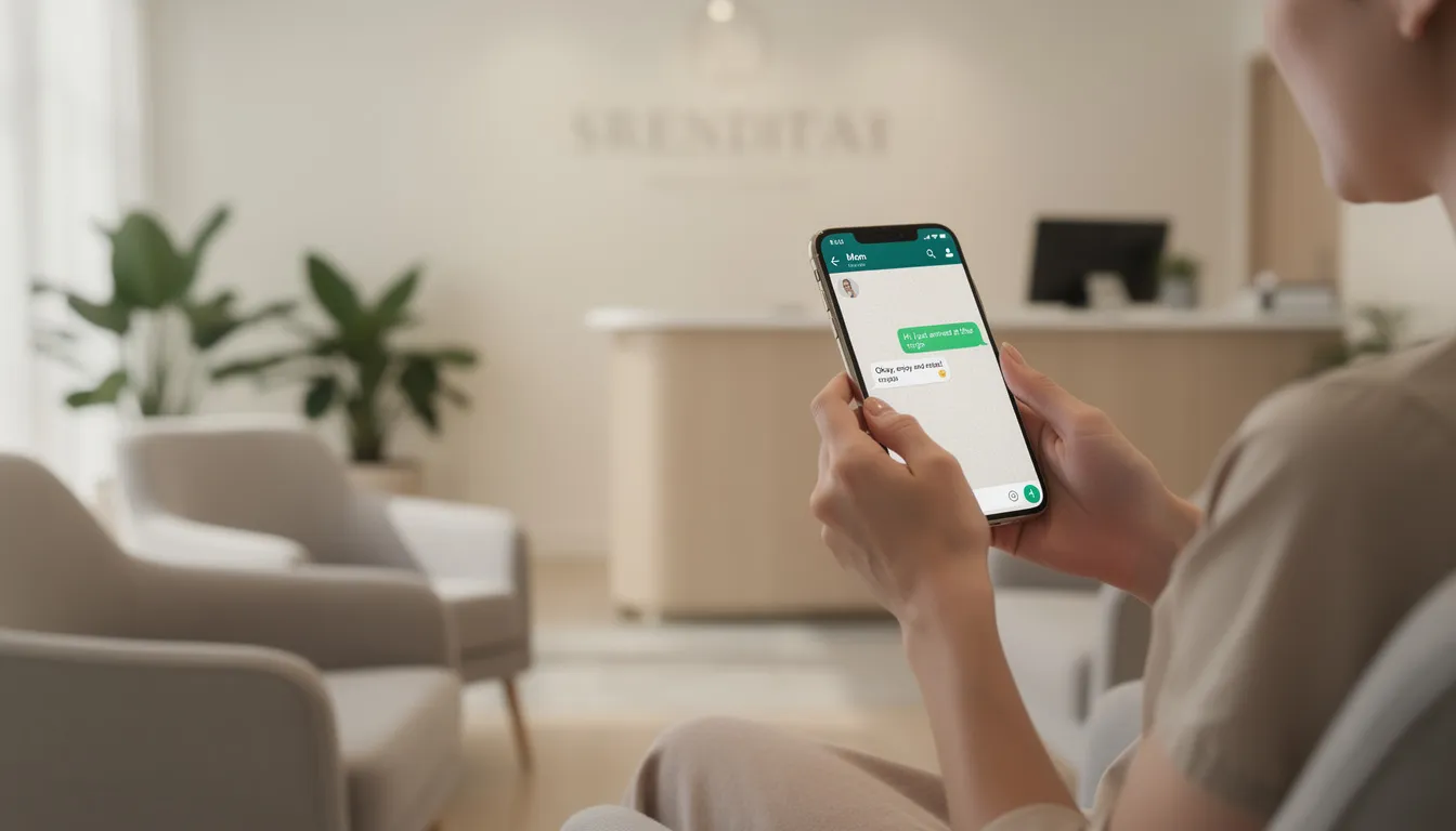 Una persona sostiene un smartphone con una conversación de WhatsApp abierta en un área de espera de un spa, donde se puede observar un ambiente relajante con decoración suave. La imagen refleja la integración de la tecnología en la atención al cliente en servicios de bienestar.