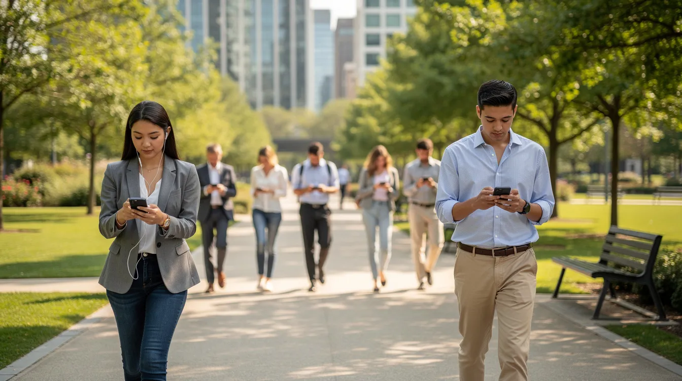 The image depicts a group of young professionals walking through a city park, each engaged with their smartphones, possibly using a dating app to connect with potential partners. The scene captures the blend of real-life interactions and online dating, highlighting the modern approach to finding meaningful connections in a casual setting.