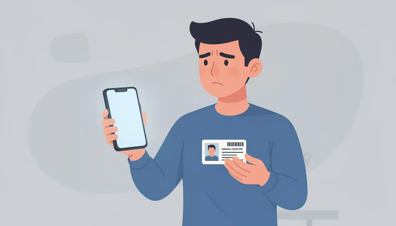 An illustration depicts a person looking skeptically at their smartphone screen while holding an ID card, highlighting the challenges of identity verification in the KYC process for crypto companies. The image emphasizes the need for clear instructions and effective verification tools to prevent user drop-offs and ensure compliance with regulatory requirements.