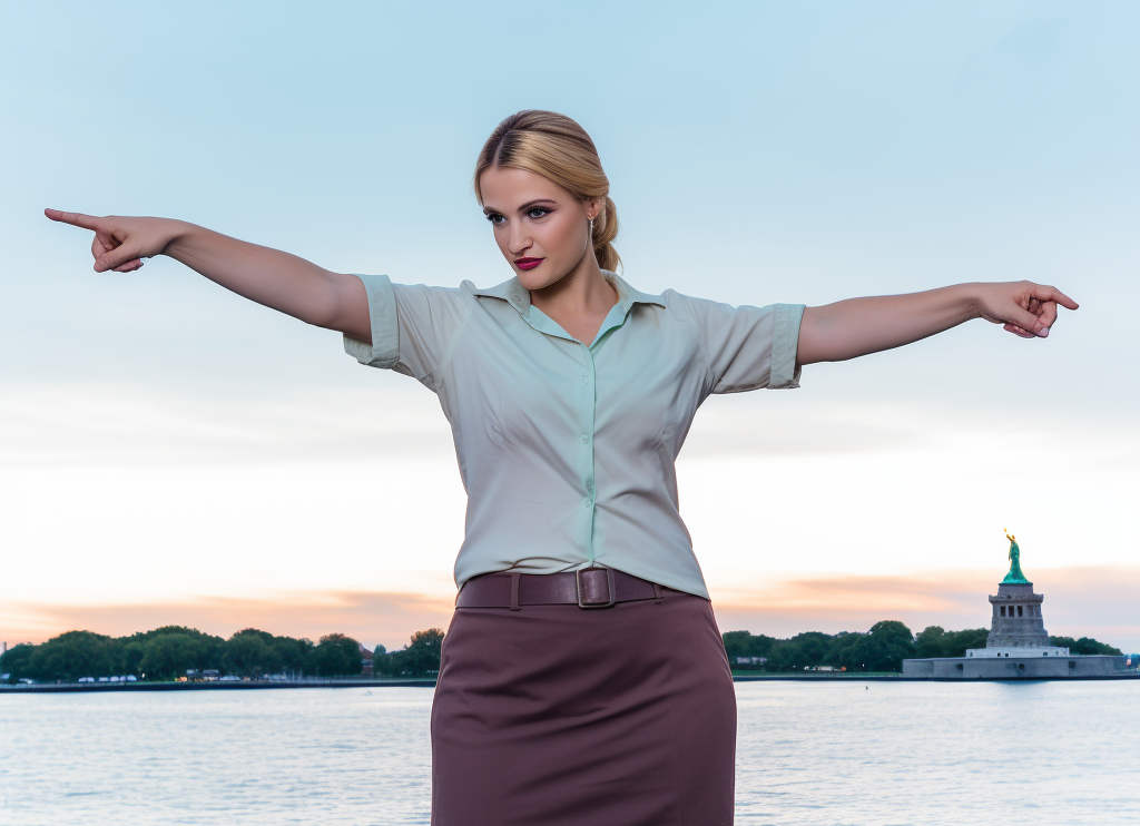 Female psychotherapist at a literal fork in the road, seeking direction in her practice, with the iconic Statue of Liberty in the background, symbolizing her supervision journey at the Schema Therapy Training Center of New York.