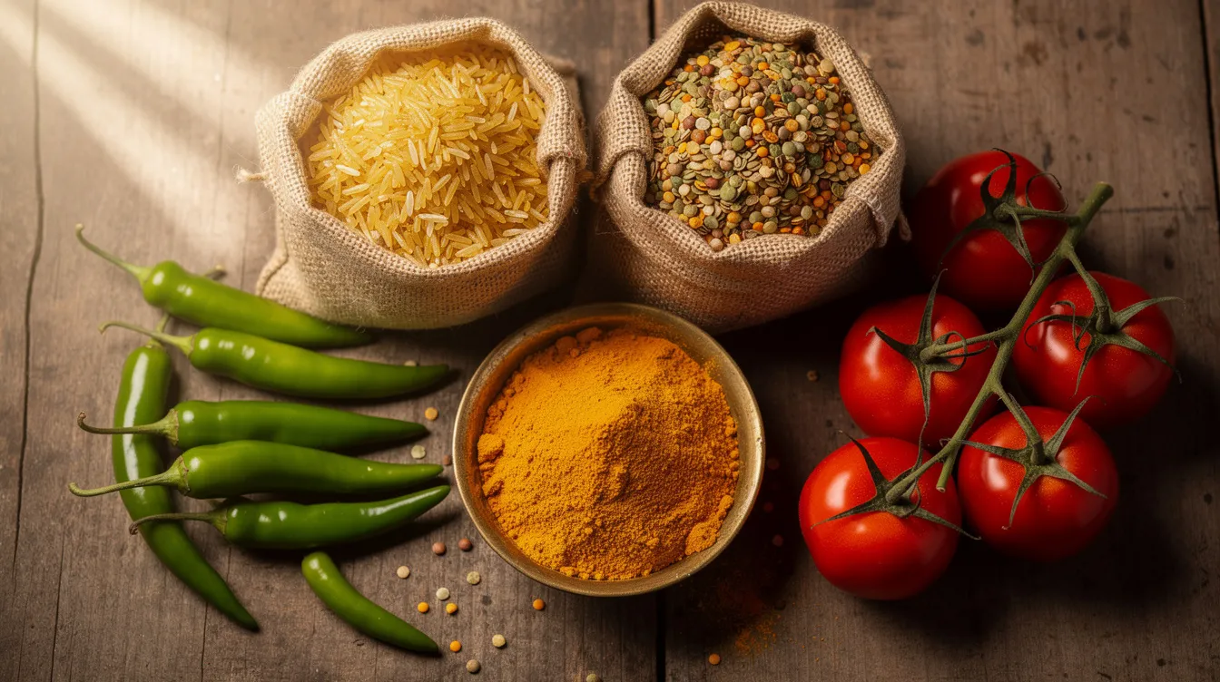 The image showcases a variety of fresh Pakistani cooking ingredients artfully arranged on a wooden surface, including lentils, basmati rice, green chilies, turmeric, and ripe tomatoes. These nutritious foods can help in meal planning and are perfect for preparing wholesome meals while keeping grocery costs in check.