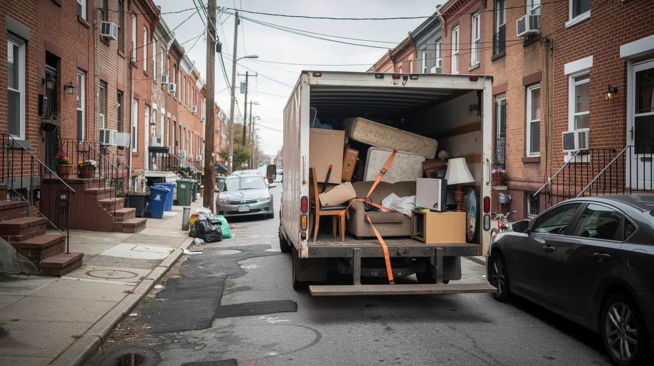 A junk removal truck parked on a narrow Philadelphia residential street, filled with old furniture and household items, surrounded by brick rowhomes