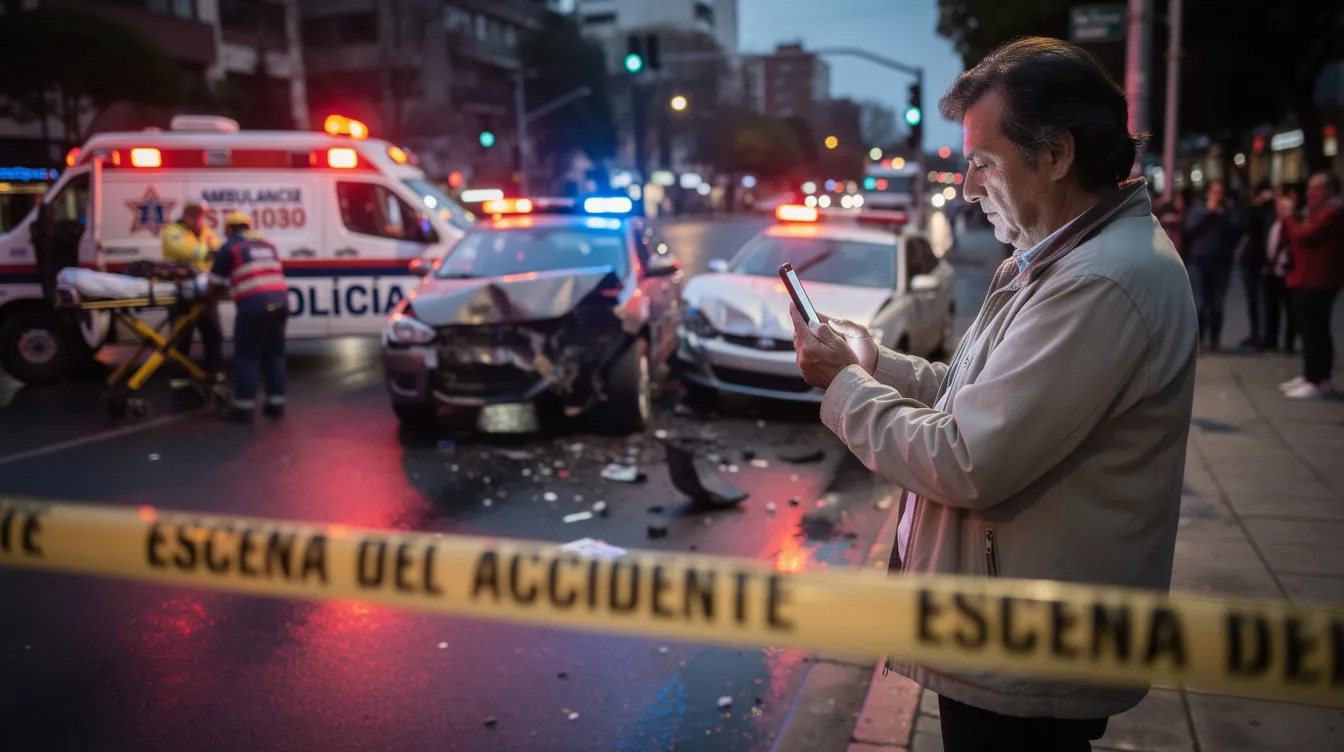 Una persona está usando su teléfono móvil para tomar fotos en la escena de un accidente de camiones en Houston, donde se puede ver un camión de 18 ruedas involucrado en el choque. La imagen captura el momento posterior al accidente, posiblemente para recopilar evidencia para un caso de lesiones personales.