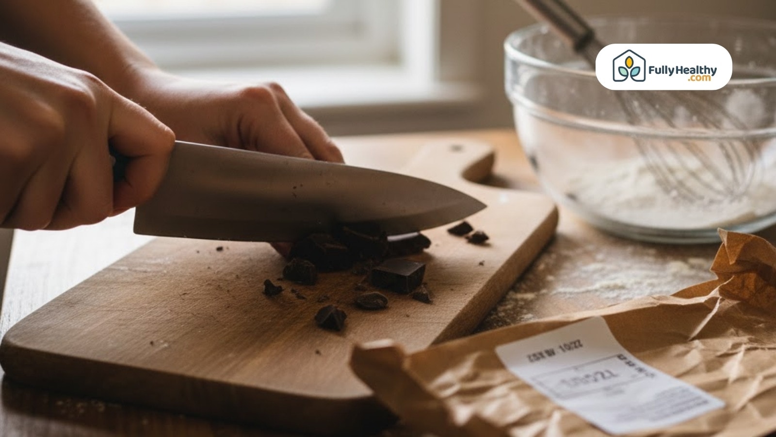 Hands chopping chocolate on board beside mixing bowl and brown paper wrapper