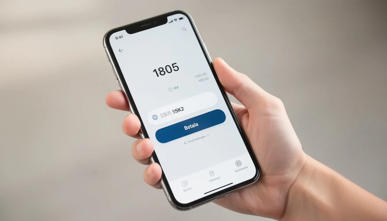 En hand som håller en smartphone där en betalningsapp är öppen, vilket visar möjligheten att göra insättningar och uttag hos Swiper Casino. Appen erbjuder en smidig lösning för att spela ansvarsfullt och ta del av bonusar för nya spelare.