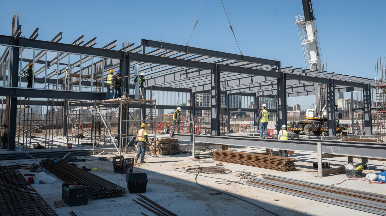 A group of construction workers is seen assembling a steel framework on a large commercial building site under a clear blue sky, showcasing the active efforts of a construction company engaged in current and future projects. The scene highlights the importance of effective backlog management in the construction industry as crews work diligently to meet project timelines.