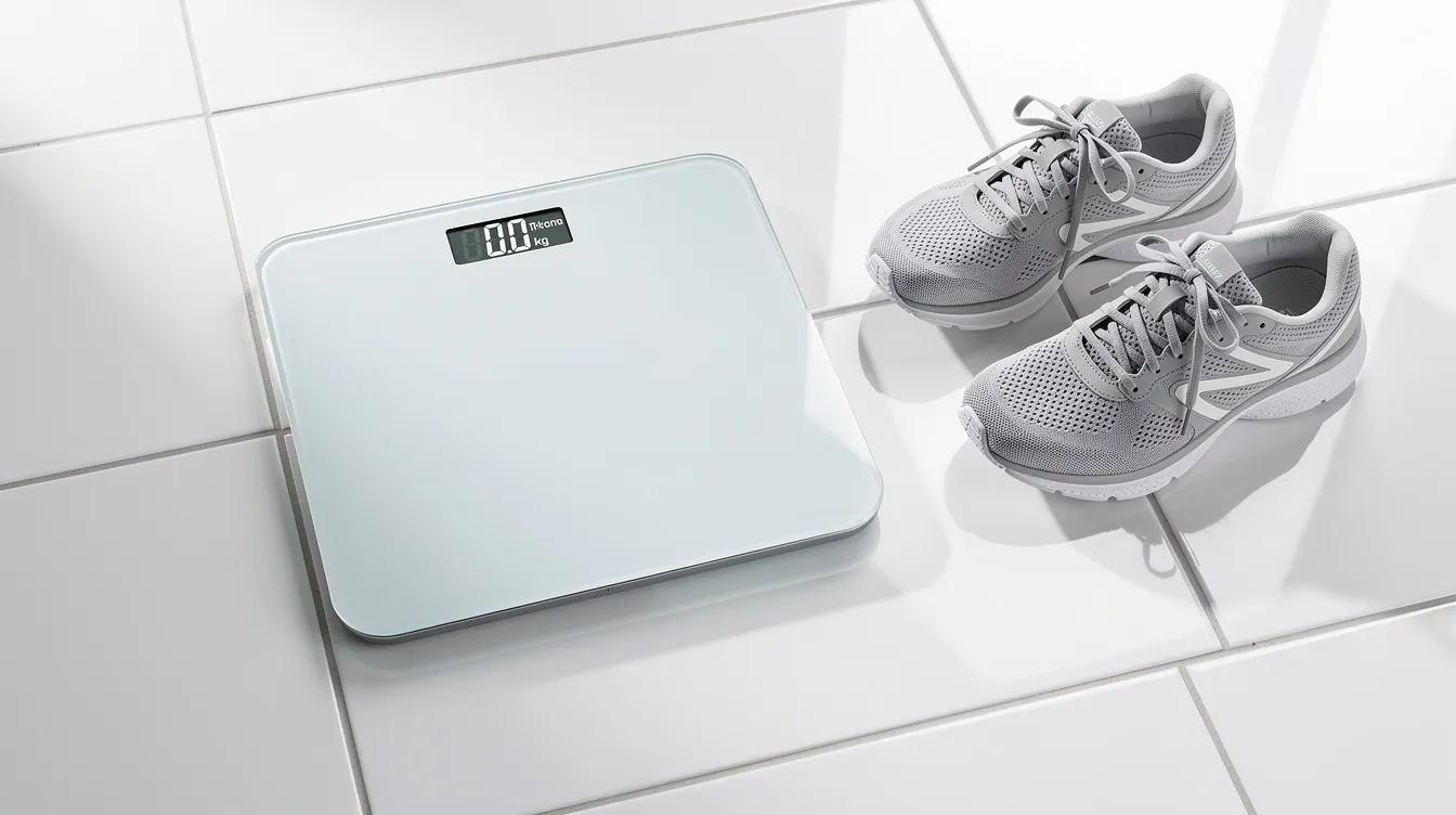 The image features a modern digital weighing scale placed on a clean white tiled floor beside a pair of running shoes, highlighting an environment focused on fitness and accurate weight measurements. This digital scale is designed to track weight fluctuations, making it a suitable device for maintaining a healthy lifestyle.