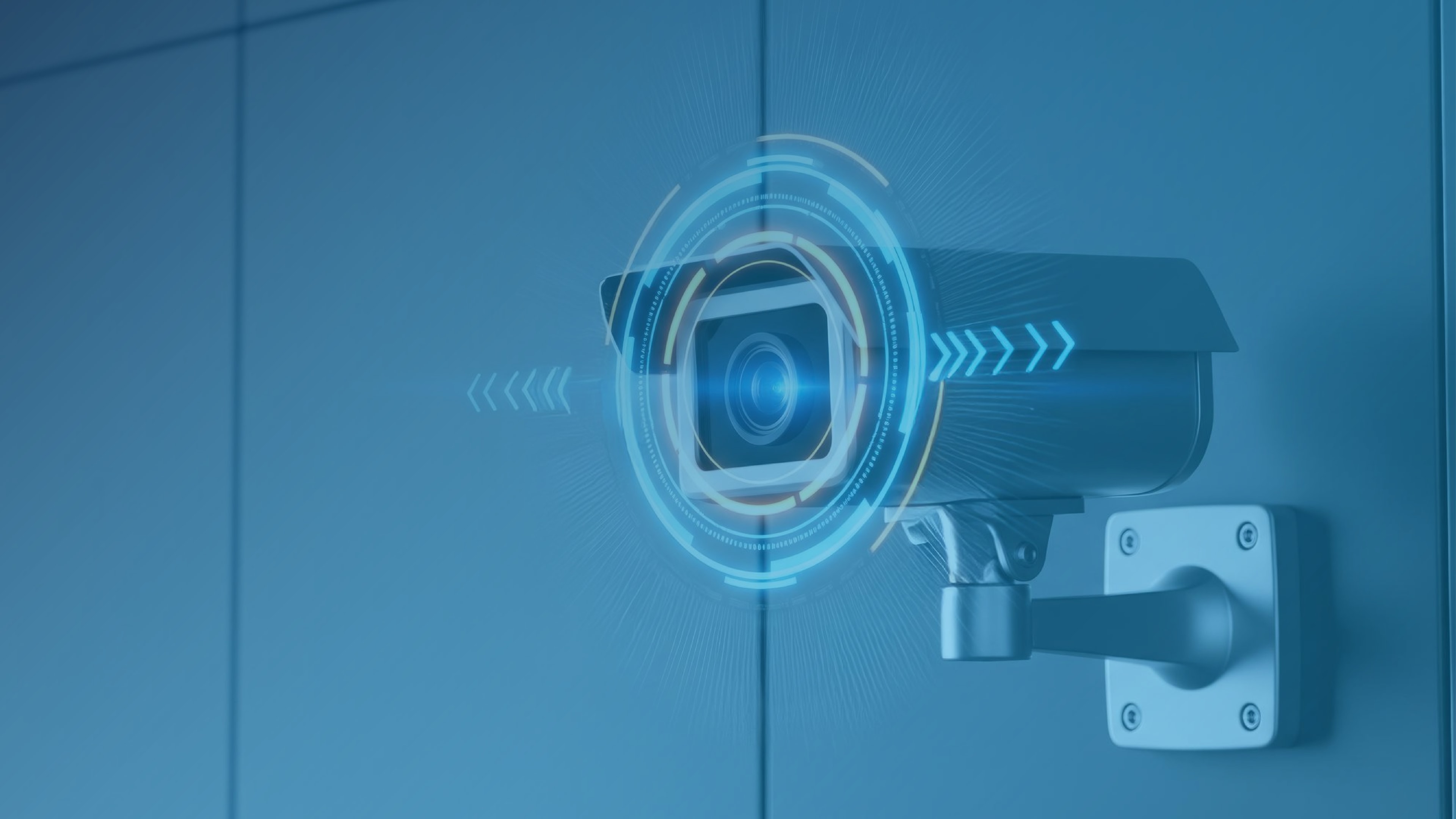 Mounted security camera with animated interface graphics around the lens, showcasing license plate recognition and operational efficiency features.