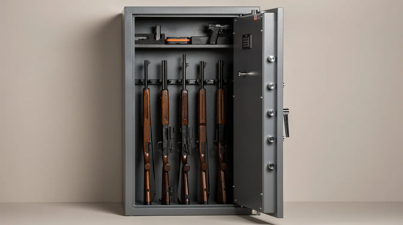 The image shows a sturdy steel gun safe with its door slightly ajar, revealing various firearms stored securely inside, emphasizing the importance of gun safety and responsible firearm ownership for law-abiding citizens. This visual highlights the need for valid concealed handgun permits and adherence to local gun laws to prevent gun violence.