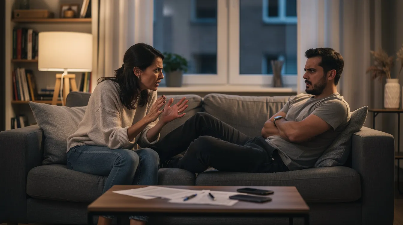 A couple is sitting on a couch, visibly engaged in a heated argument, reflecting a lack of mutual respect and understanding in their relationship. Their body language suggests emotional tension, highlighting the importance of effective communication and compatibility in navigating differences for long-term relationship success.