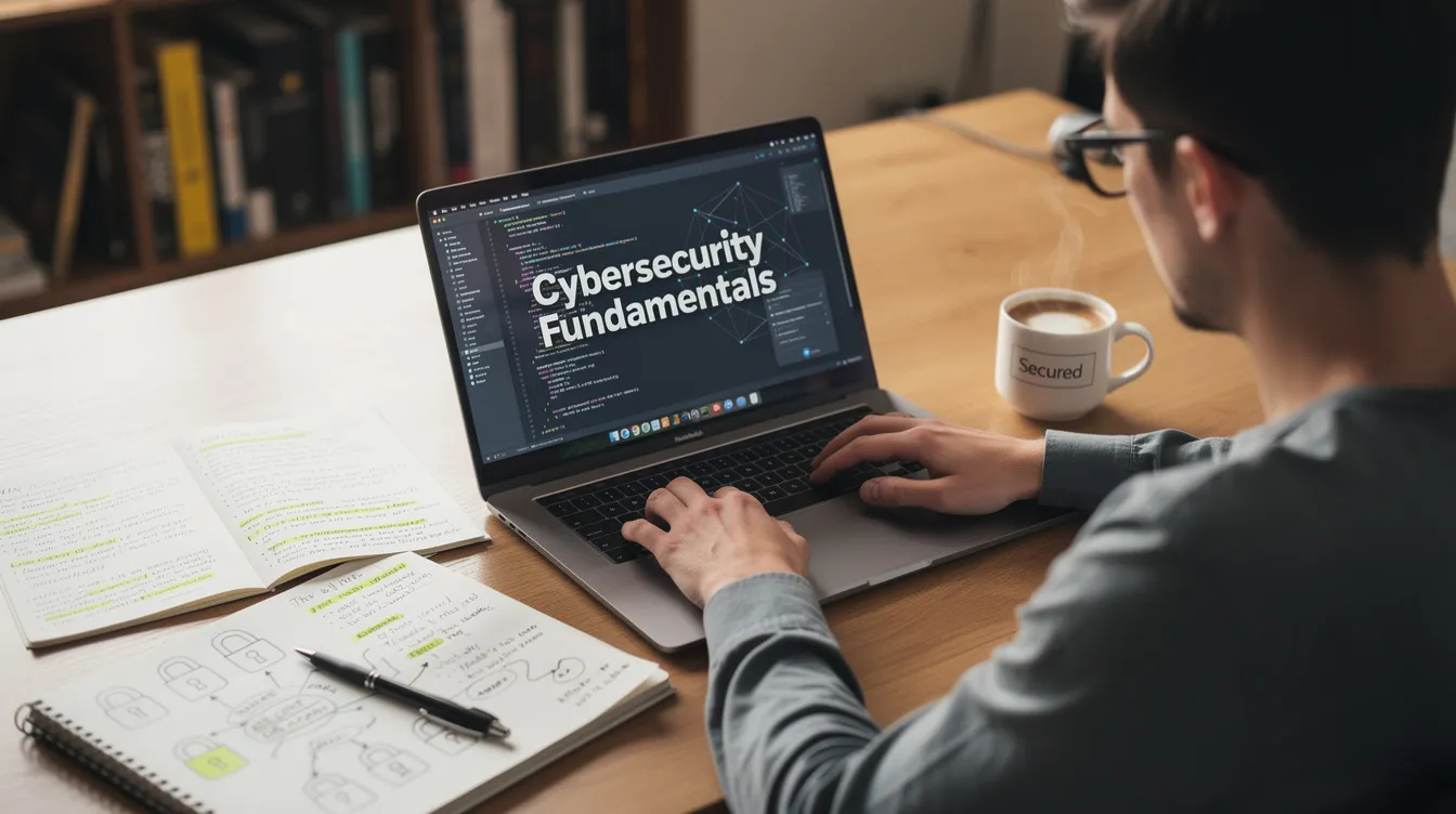 A person is sitting at a desk, studying cybersecurity materials on a laptop while surrounded by notes and a cup of coffee. The scene reflects the focus on enhancing security posture through various maturity assessments and threat detection strategies.